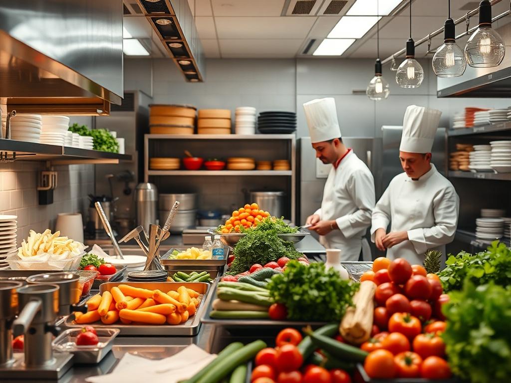 A high-resolution image of a well-organized commercial kitchen, showcasing efficient layout and modern equipment. The scene includes chefs actively working in a harmonious environment, with fresh ingredients and neatly arranged tools. The focus is on the efficient use of space and the vibrant colors of fresh produce.