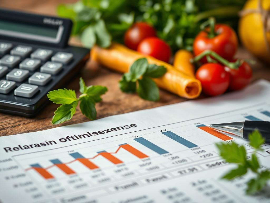 A close-up shot of a financial report showing a restaurant's cost analysis, with charts and figures reflecting optimized expenses. The background features a calculator and fresh ingredients, symbolizing the connection between cost management and culinary excellence, creating an engaging visual narrative.