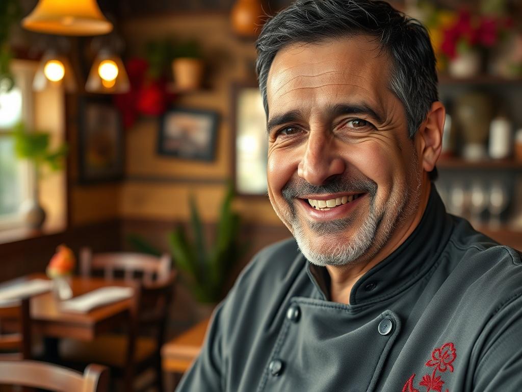 A close-up shot of a smiling middle-aged Greek man, Babis, the owner of a Greek restaurant. He has short black hair and a warm expression, wearing a chef's jacket with a subtle embroidered logo of his restaurant. The background features a cozy restaurant setting with wooden tables and vibrant Mediterranean decor, creating an inviting atmosphere. The lighting is soft and warm, emphasizing the friendliness of the subject. The image should convey a sense of pride and satisfaction in his culinary achievements.