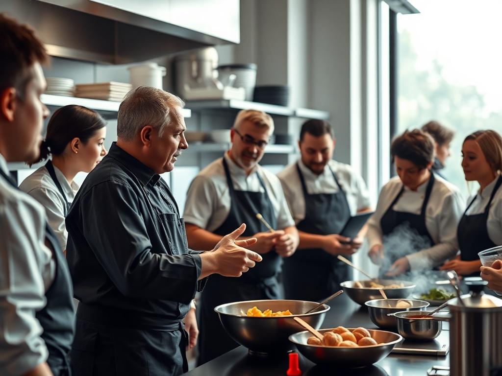 A Chef conducting a training session in a modern kitchen,