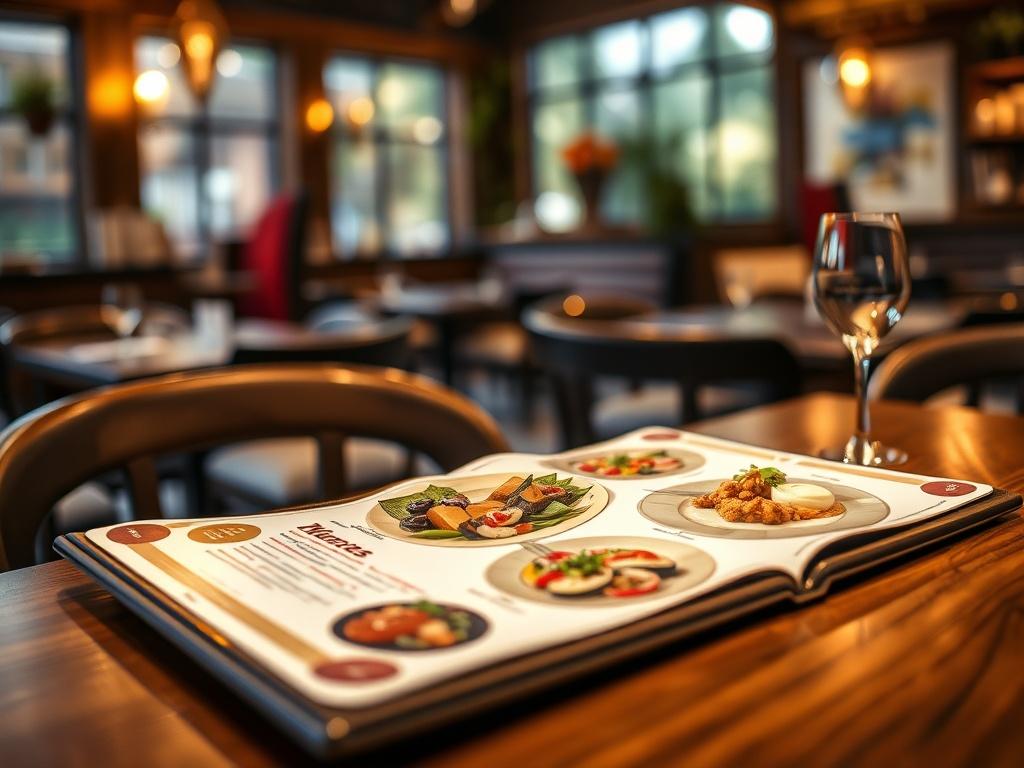 A beautifully designed restaurant menu on a wooden table, featuring
