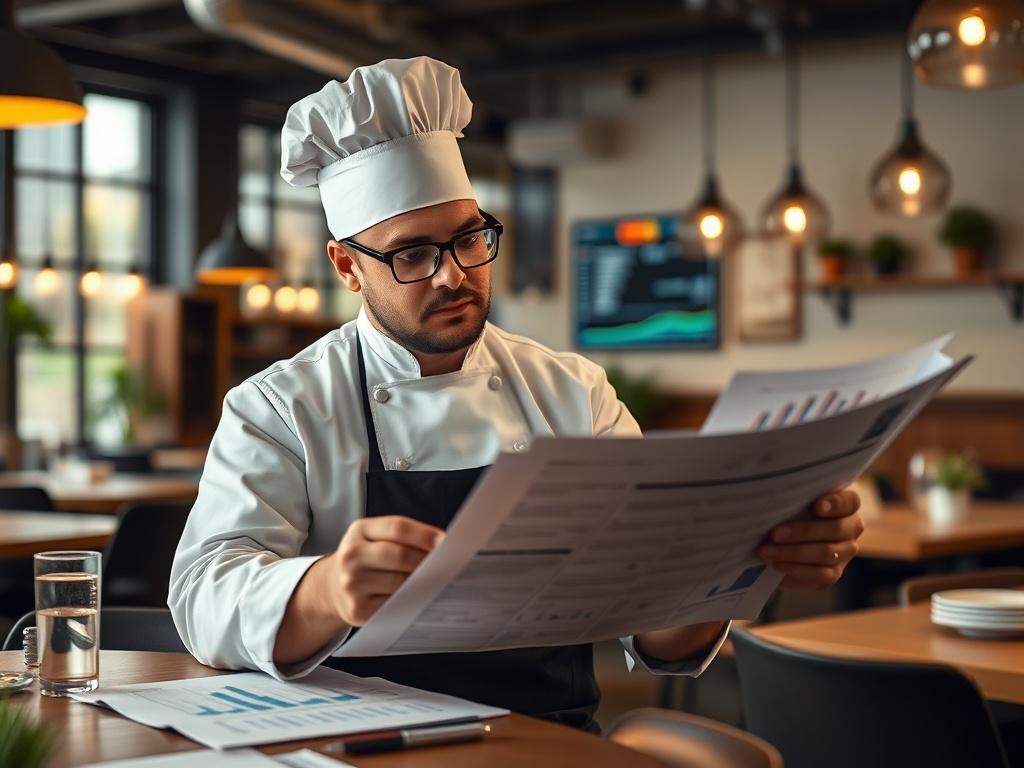 A professional chef reviewing financial reports and charts in a