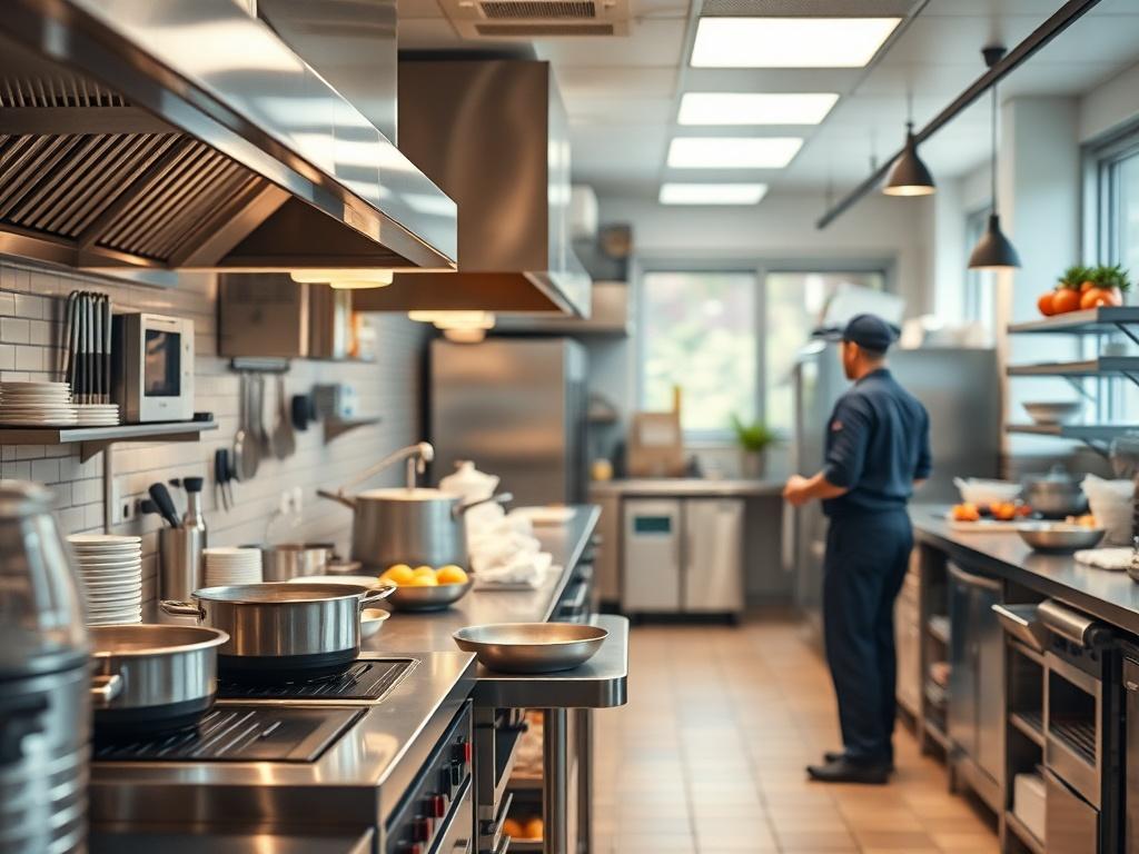 A well organized kitchen layout featuring strategically placed equipment and