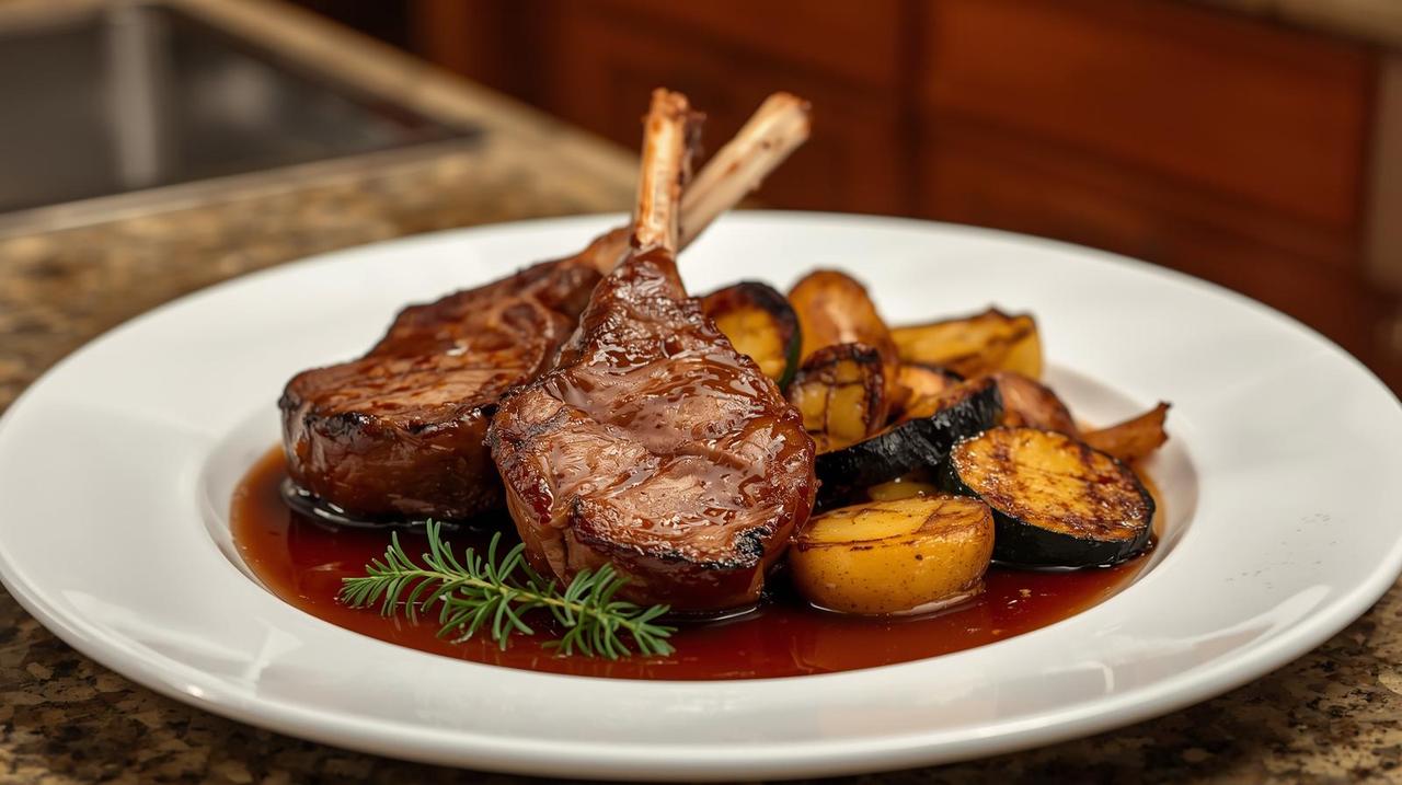 grilled lamb chops with  sautéed baby potatoes and grilled zucchini on a demi glace sauce served on a round white dinner plate on a kitchen counter.jpg