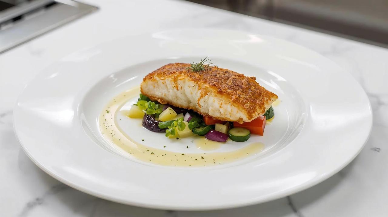 fried shark filet on a white dinner plate with mixed veggies underneath the fish sourounded by a lemon cream sause on a kitchen counter.jpg
