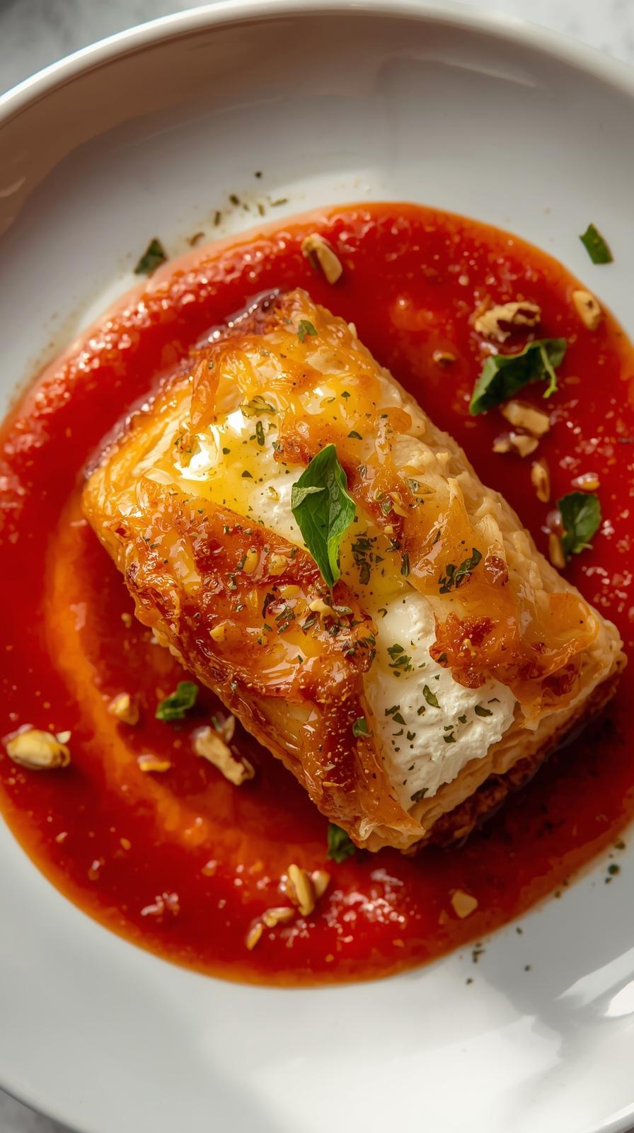baked feta in kadaifi with honey-pistachio dressing on a bed of tomato coulis.jpg
