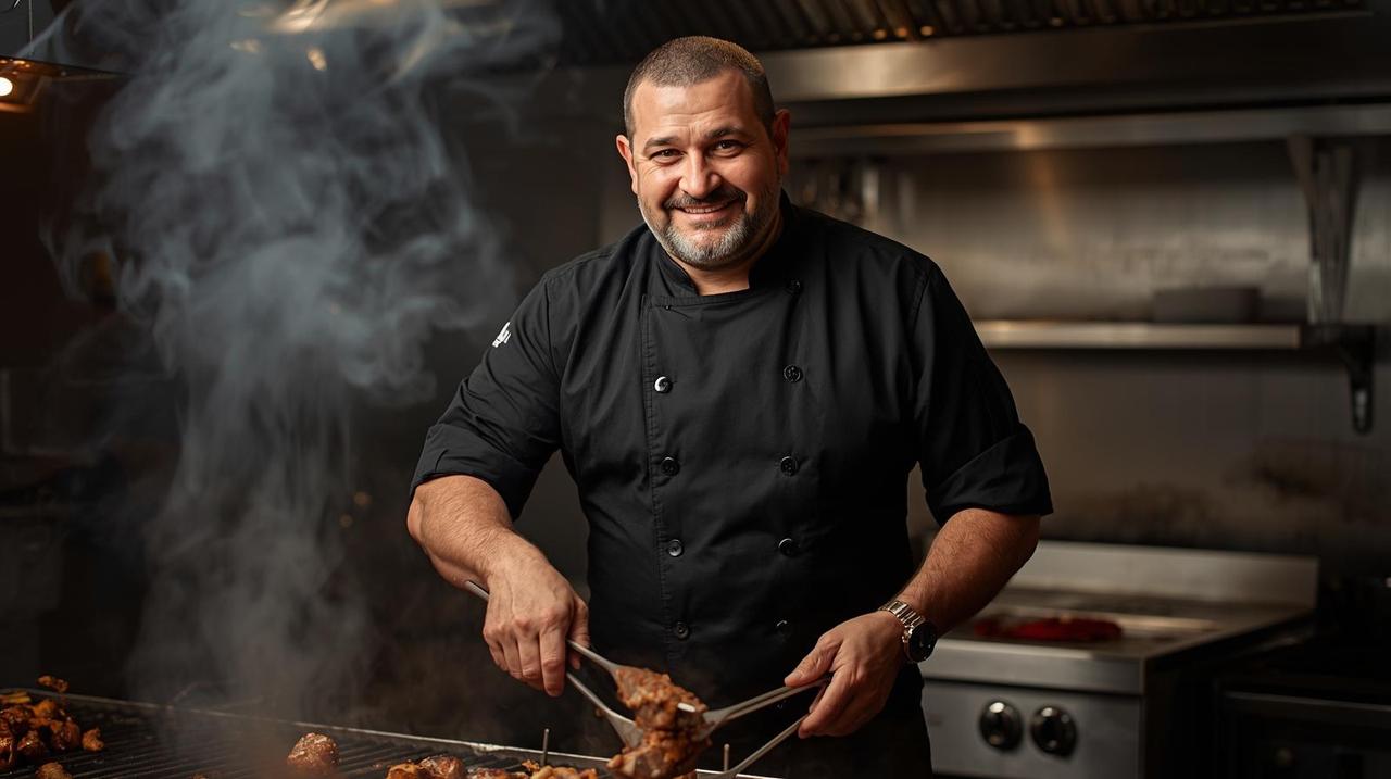create an image of a chef in a black cooking jacket grilling and cooking, the chef is greek has a trimmed beared, has a strong but somewhat opulent body is 54 years young, confident and friendly face.jpg
