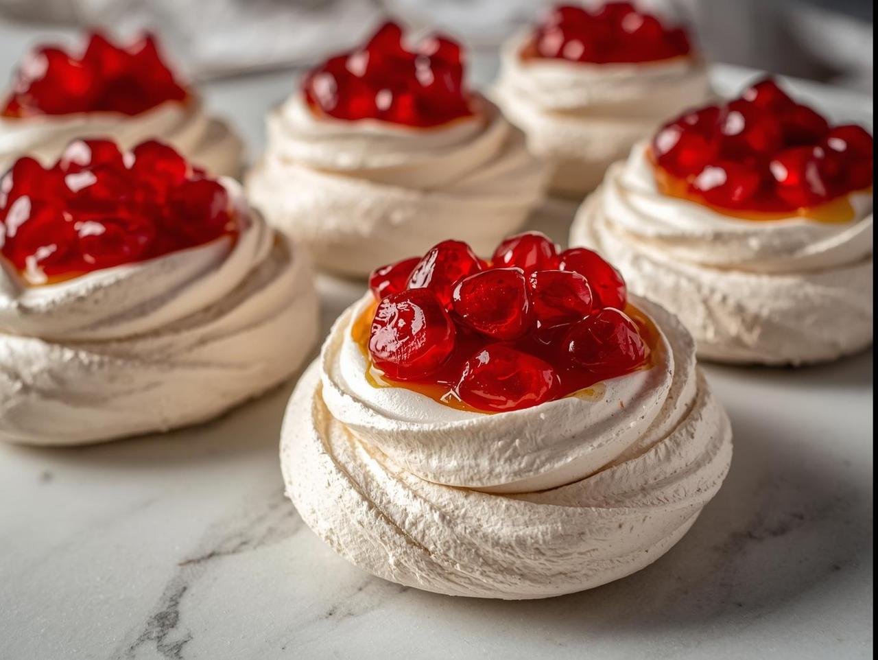 mini pavlovas topped with whipped cream, passionfruit pulp, and ruby-red pomegranate seeds — crisp outside, marshmallow-soft inside, served on a marble plate..jpg