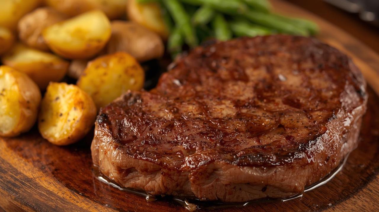a perfectly cooked t-bone steak served with baby potatoes and green beans,.jpg