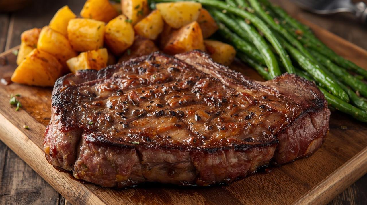 a perfectly cooked t-bone steak served with baby potatoes and green beans, (1).jpg