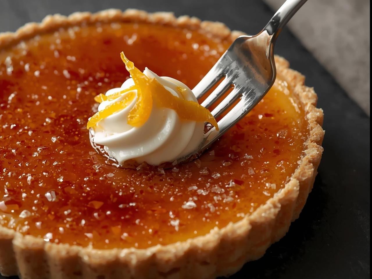 caramelized crème brûlée tart topped with vanilla chantilly and candied orange zest — fork breaking the caramel top, crystalized sugar shining, plated on black slate, focused shot at 70°. (1).jpg