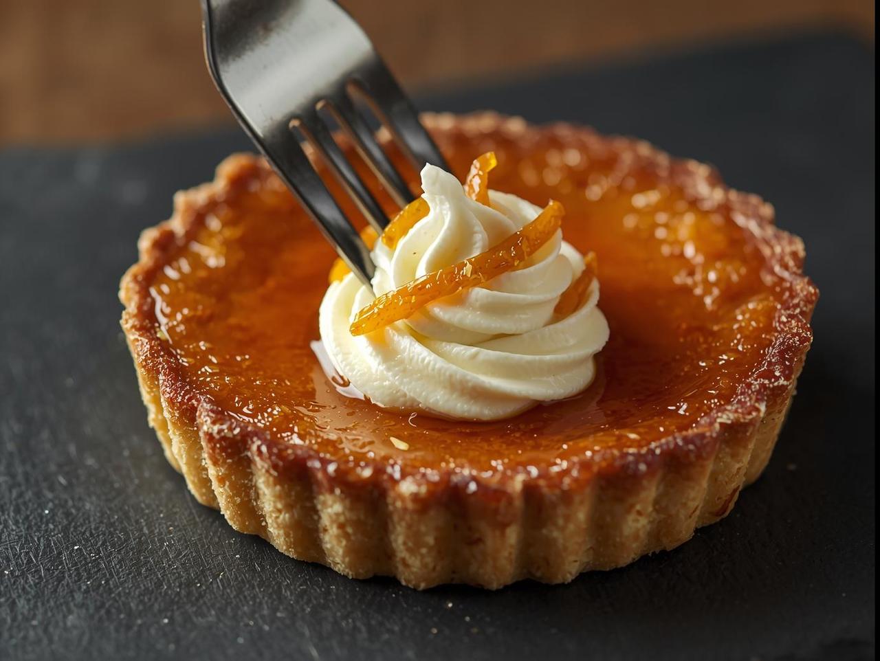 caramelized crème brûlée tart topped with vanilla chantilly and candied orange zest — fork breaking the caramel top, crystalized sugar shining, plated on black slate, focused shot at 70°..jpg