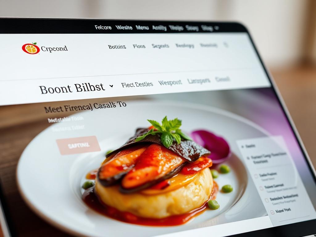 A close-up shot of a beautifully designed website interface showcasing a gourmet dish, with a clean layout and vibrant colors. The background should be simple and elegant, emphasizing the website's design. The focus should be on the website's features, such as menu sections, high-quality food photography, and easy navigation elements, all rendered in hyper-realistic detail.