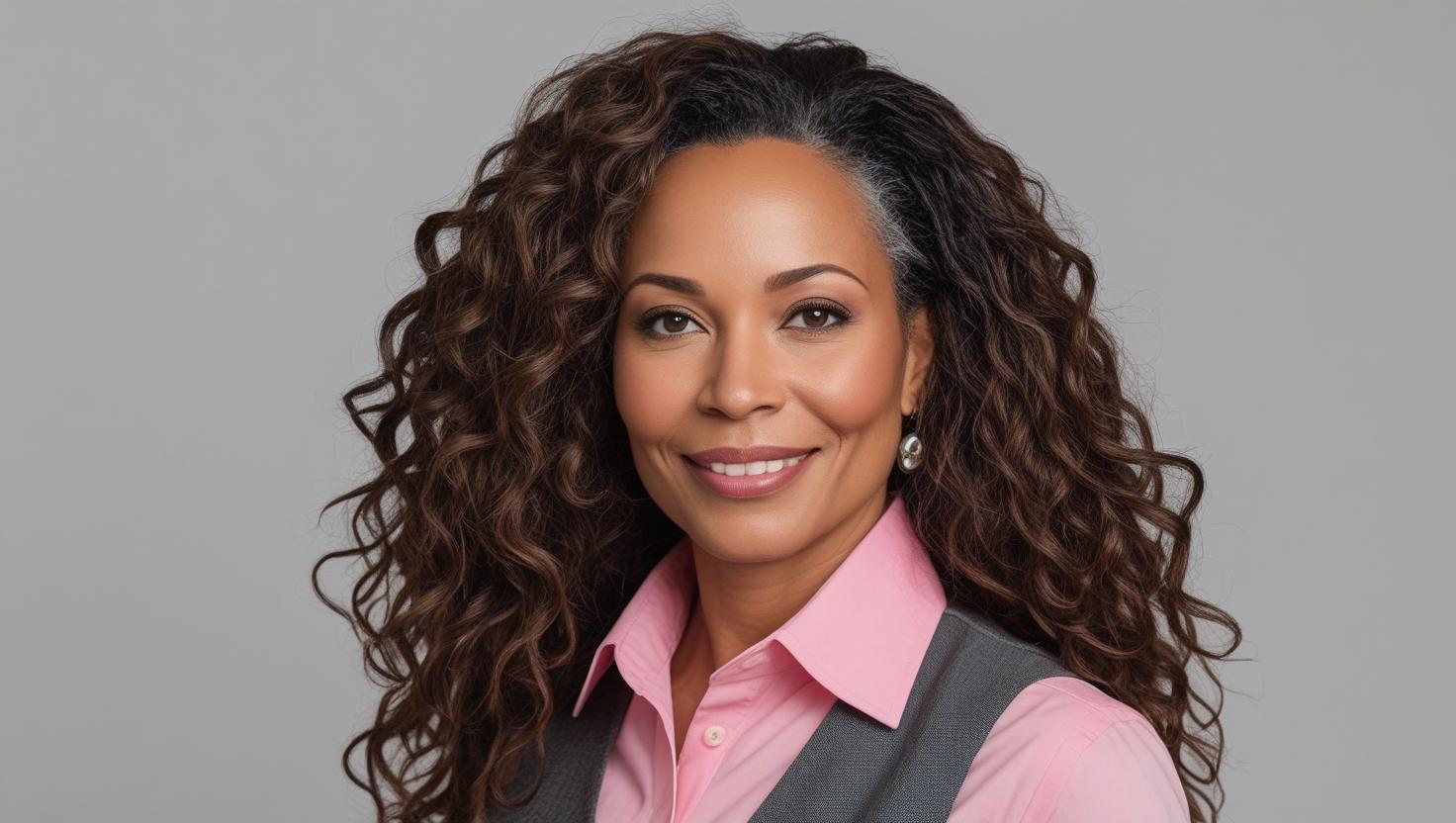 a professional business head shot of a  mixed race  brown woman with thick brown long curly hair  in her  40s with  a pink satan  shirt  with waist coat with clear face make hair very human looking.jpeg