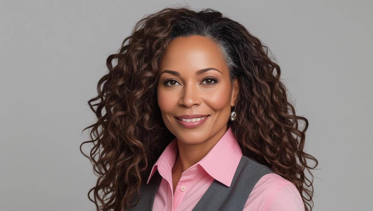 a professional business head shot of a  mixed race  brown woman with thick brown long curly hair  in her  40s with  a pink satan  shirt  with waist coat with clear face make hair very human looking.jpeg