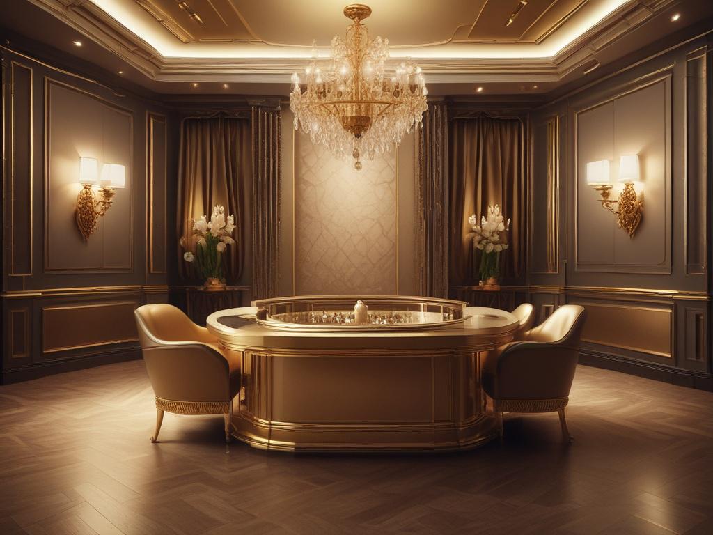 A luxurious gold-themed deal room setting, featuring high-end technology and a stylish ambiance, with a focus on a central deal table.