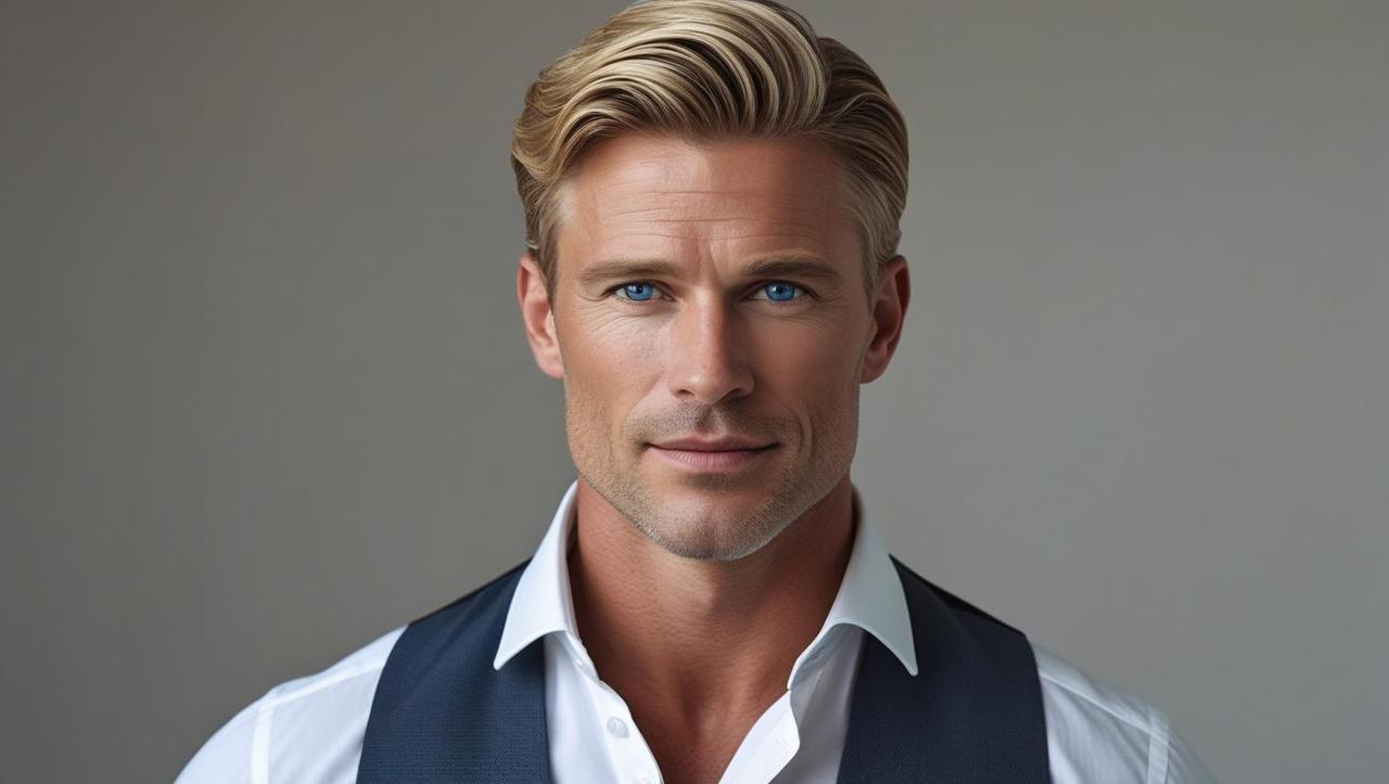 a professional business head shot of a white  very  attractive with sharp jawline man in his 40s with  a white shirt  with waist coat with clean face , blue eyes and blond   hair.jpeg