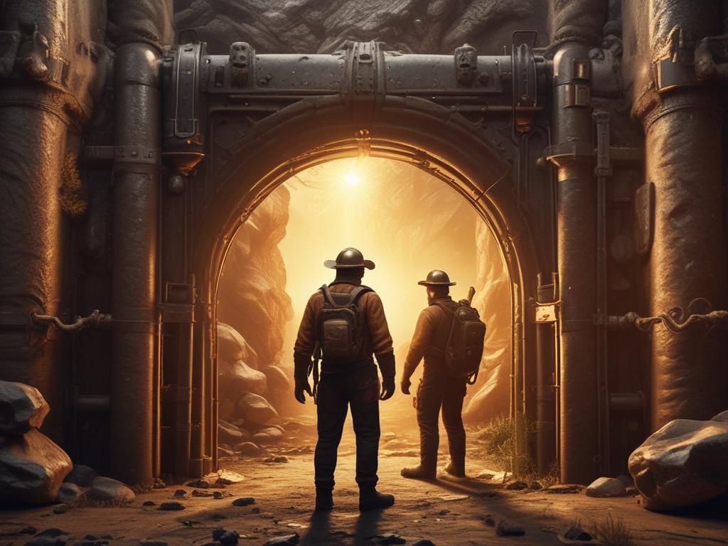 An open black and gold vault door, showcasing gold miner men working inside. The miners are engaged in their tasks, using shovels amidst an energetic atmosphere with small flames illuminating the space. The scene is realistic, high-resolution, and captures the intensity of their work in a grounded, earthy aesthetic. The background features textures of metal and stone, complementing the vault theme and the #CFB07C primary color.