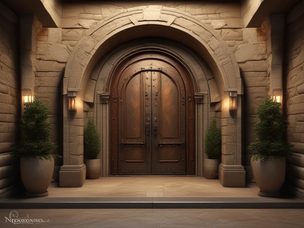 A luxurious vault entrance with intricate metalwork and a soft, warm light illuminating the space. The vault door is slightly ajar, hinting at treasures within. The background features earthy textures and a rustic, grounded aesthetic. The overall color palette resonates with natural tones, complementing the primary color #CFB07C.