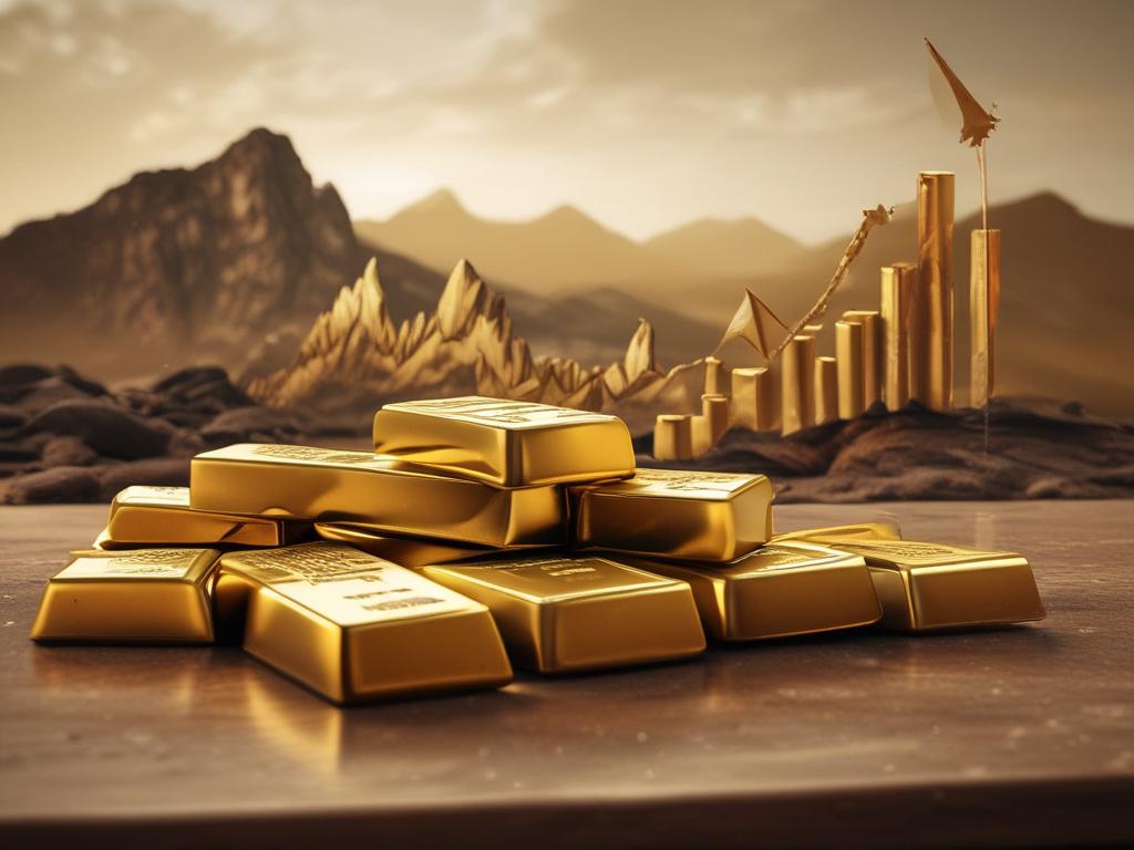 A visually striking representation of financial growth, showcasing gold bars symbolically supporting a rising graph. The background should exude warmth and stability, featuring earthy textures. The overall composition should be clear and simple, focusing solely on the gold bars and the graph. The color scheme should harmonize with the primary color #CFB07C.