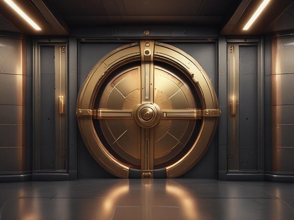 A luxurious vault entrance with a high-tech, futuristic design, illuminated by soft golden lights. The focus should be on the intricate details of the vault door, showcasing its secure locks and opulent materials. The background should be blurred to emphasize the vault's grandeur, shot with a 45mm f/1.2 lens.