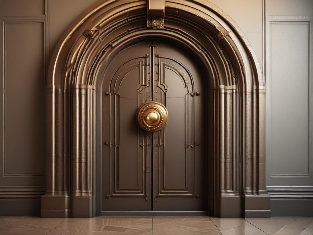 A luxurious vault door slightly ajar, golden light shining through, close-up shot emphasizing the intricate details of the door, hyper-realistic finish, background softly blurred to highlight the vault.