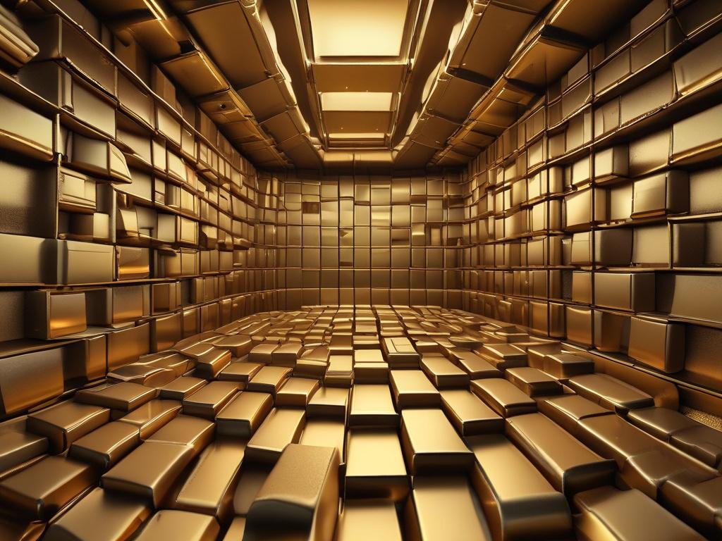 An elegantly designed vault interior showcasing gleaming gold bars, hyper-realistic close-up capturing the rich textures and details of the gold, soft lighting accentuating the opulence, blurred background to focus on the gold.
