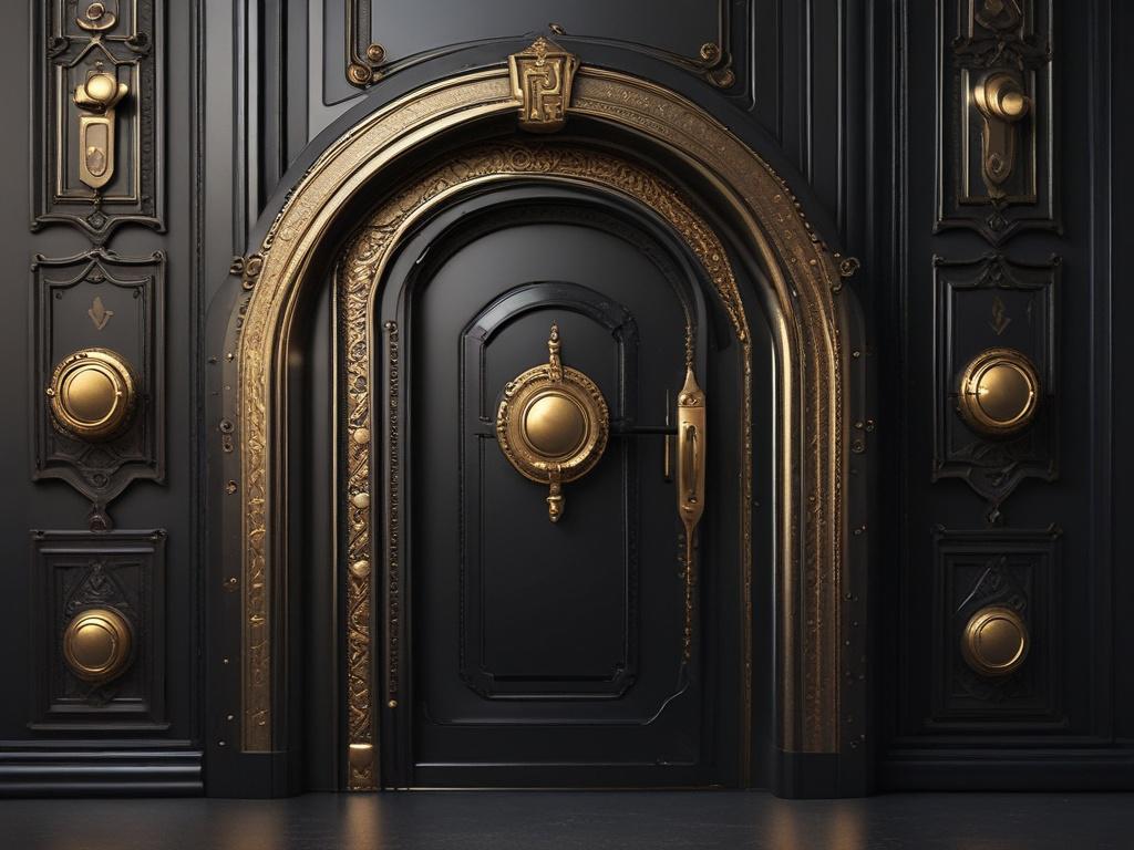 A striking image of a luxurious black vault door, adorned with intricate gold detailing, slightly ajar to reveal a glimpse of golden treasures inside, hyper-realistic close-up, soft focus on the background to emphasize the door.
