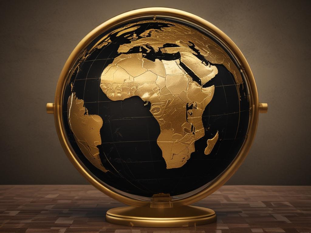 A realistic high-resolution image of a gold world globe spinning, showcasing the countries of the world in a striking contrast of black and gold. The globe should be centered in the composition, with an elegant and luxurious aesthetic. The background should be simple and understated, allowing the globe to take center stage, while incorporating earthy textures that evoke a grounded feel. The lighting should highlight the metallic sheen of the globe, enhancing its opulence.