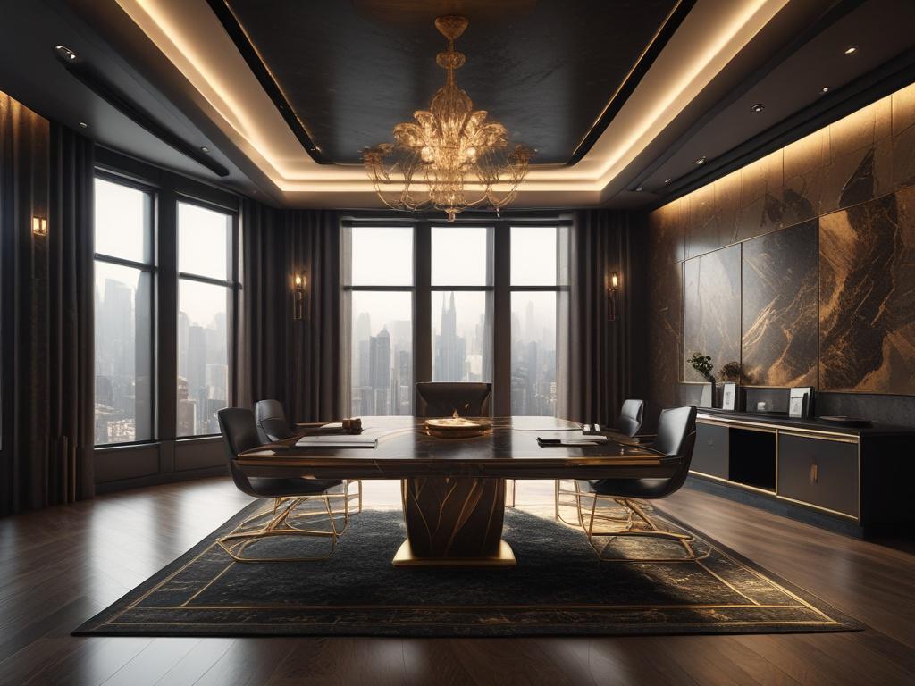 An ultra-luxury gold-lit boardroom featuring a dark marble executive desk at the center, surrounded by gold-accented walls that gleam with sophistication. The background showcases subtle vault architecture, hinting at security and exclusivity. The ambient lighting casts a warm glow throughout the space, enhancing the cinematic atmosphere. This private high-level business setting is designed for elite dealmaking, with opulence and power evident in every detail. The perspective is front-facing, captured in a 