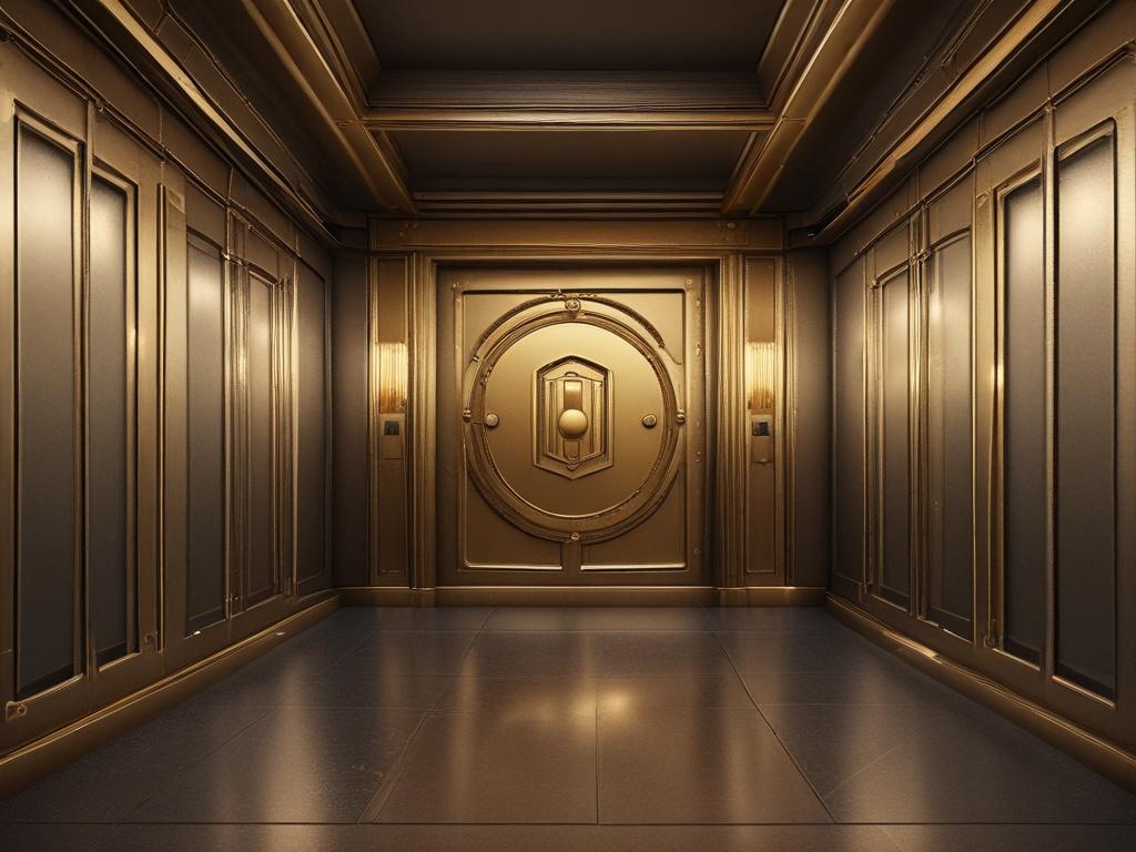 A luxurious vault door slightly ajar, revealing a glimpse of shimmering gold bars inside. The setting is dimly lit, emphasizing the glow of the gold, with high-resolution detail on the vault's metallic surface. The background should be blurred to focus on the vault door, creating a sense of intrigue and exclusivity. Shot with a 45mm f/1.2 lens style, capturing the richness and allure of gold.