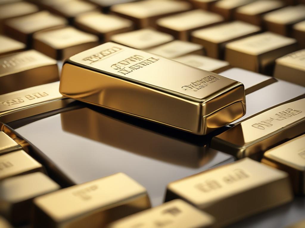 An elegant gold bar resting on a reflective surface, with a secure digital lock in the foreground symbolizing safety and trust. The background should be softly blurred to highlight the gold bar and lock, creating a sense of premium quality. Shot with a 45mm f/1.2 lens style to enhance the details and richness of the gold.