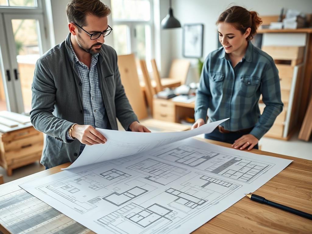 A close up shot of a project planner discussing blueprints