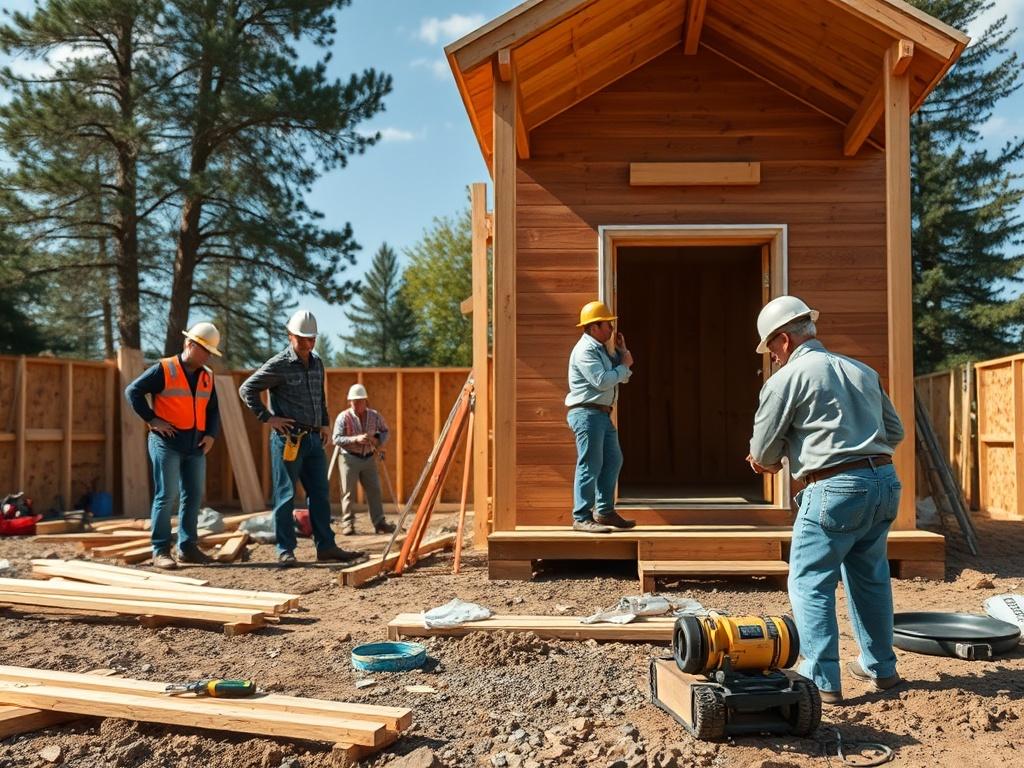 A construction site showing workers actively building an ADU, with