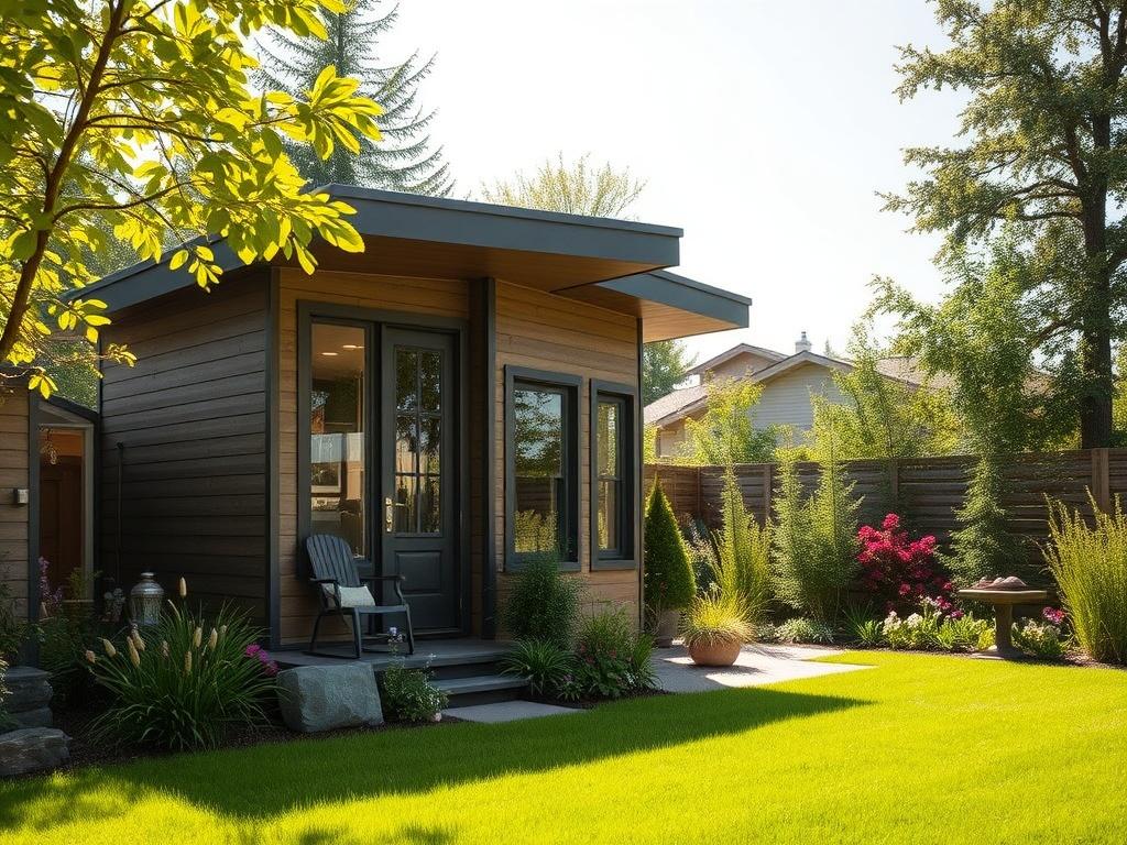 Create a realistic high-resolution photo showcasing the benefits of building an Accessory Dwelling Unit (ADU). The image should feature a beautifully crafted, modern ADU situated in a lush backyard setting, emphasizing its aesthetic appeal and functional space. The composition should be simple and clear, with the ADU as the sole subject in the frame.

Position the ADU on the left side of the image, allowing ample natural light to illuminate its exterior. Showcase key architectural features, such as large wi