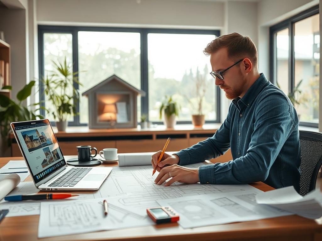 A focused architect working alone on the design of an Accessory Dwelling Unit (ADU) in a well-lit, modern office space. The architect is seated at a large drafting table, sketching detailed plans with a pencil, surrounded by architectural tools, blueprints, and a laptop displaying design software. The background features a large window allowing natural light to flood in, with a few plants adding a touch of greenery. The composition should emphasize the architect's concentration and creativity, capturing the