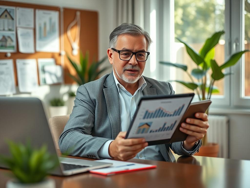 Create a realistic high-resolution photo showcasing a financial advisor sitting at a sleek, modern desk in an inviting home office setting. The subject, a middle-aged professional, is reviewing a detailed financial plan focused on ADU financing, emphasizing the booming demand for accessory dwelling units in today's housing market. 

The advisor is holding a tablet displaying graphs and data reflecting current market conditions that favor ADU financing, such as interest rates and rental demand. The backgroun