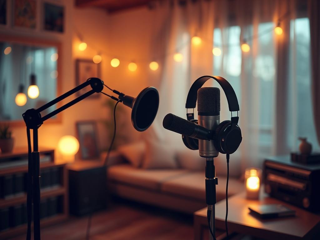 A cozy podcast studio with a microphone and headphones set up, illuminated by soft lighting. The atmosphere should convey warmth and professionalism, with subtle hints of a homey environment in the background.