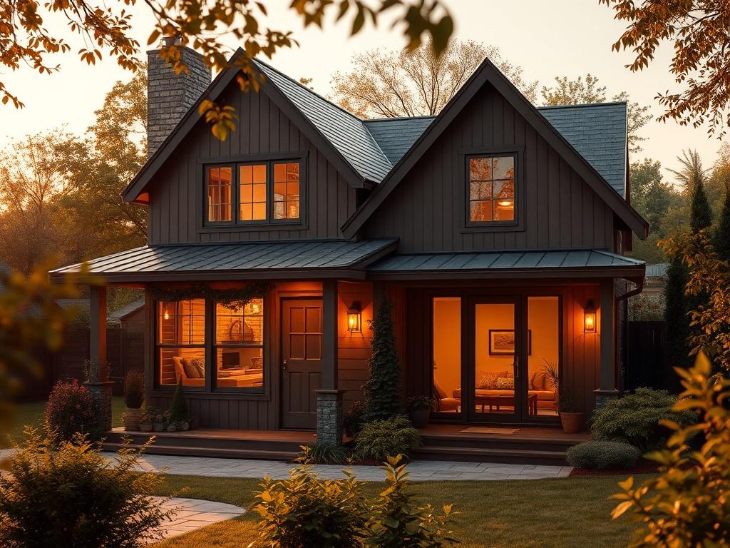 A cozy, serene home setting featuring a well-designed ADU in the background. The image should show a welcoming atmosphere with golden hues and soft lighting, highlighting both the main residence and the ADU, surrounded by lush greenery.