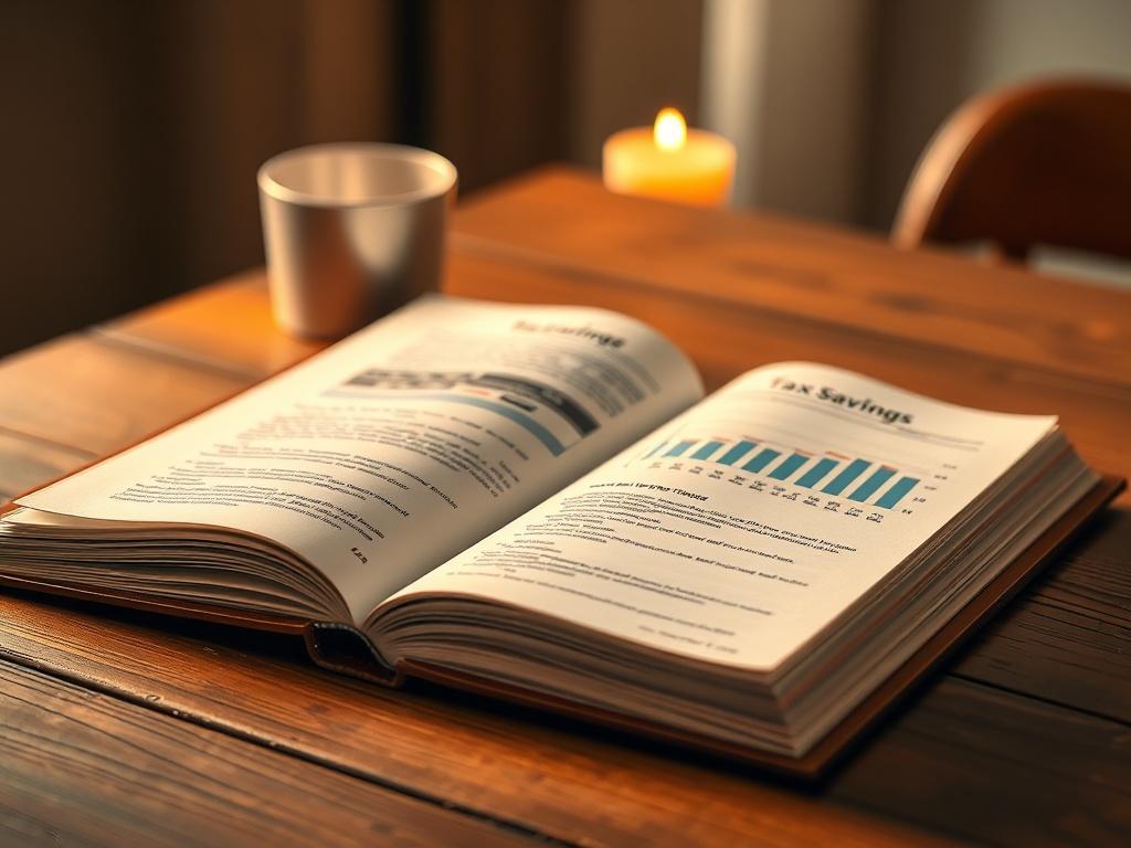 A detailed and inviting image of an open handbook on a wooden table, with graphs and notes visible about tax savings. The background should be soft and warm, creating a calm and informative atmosphere.