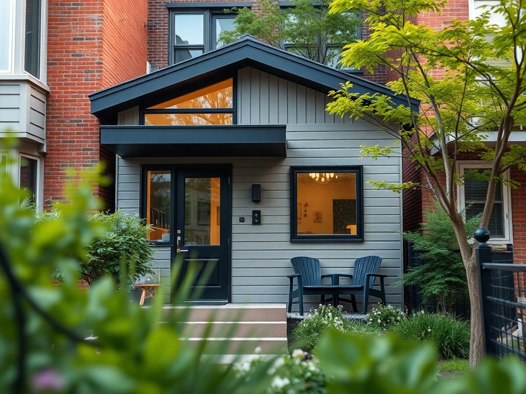 Create a realistic, high-resolution photo that captures the essence of the blog titled "How Fannie Mae and Freddie Mac’s new ADU policies are making it easier to build ADUs in Washington DC, Maryland, and Northern Virginia (2026 update)." 

**Composition Details:**
- Focus on a single, prominent subject: a modern accessory dwelling unit (ADU) that exemplifies the innovative and accessible housing policies of Fannie Mae and Freddie Mac. 
- The ADU should showcase a stylish, contemporary design with large win