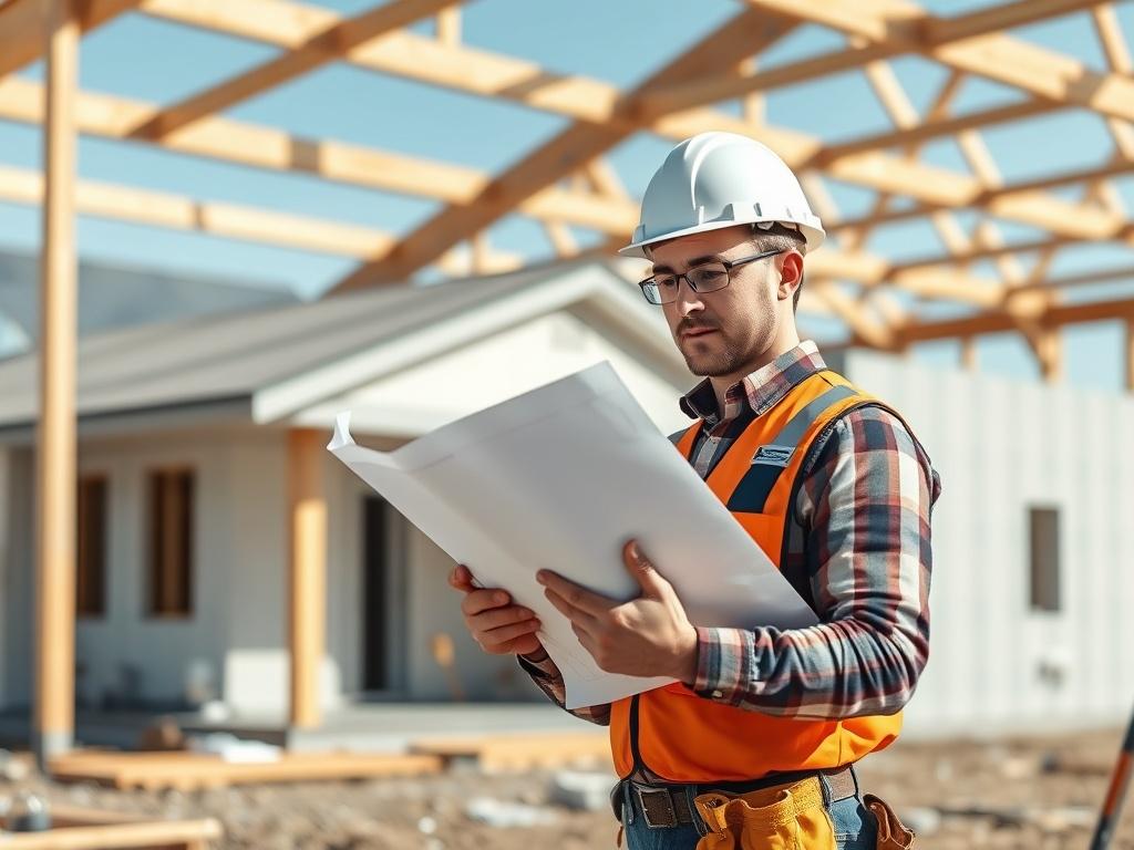 A construction project manager in a hardhat checks blueprints while standing next to a partially framed single-story home. The focus is on the manager, who is intently reviewing the plans, with wooden beams and construction tools in the background. The composition is clear and straightforward, emphasizing the professionalism and attention to detail in the construction process.