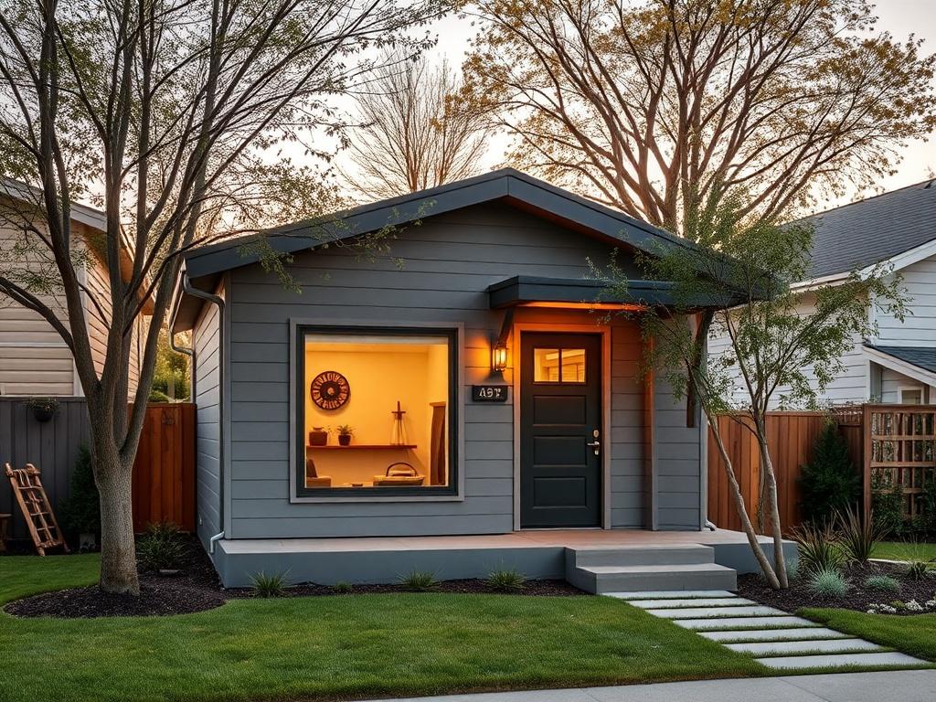 A high-resolution photo of a well-designed ADU in a serene neighborhood setting, showcasing modern architecture with a cozy, inviting atmosphere. The scene should be bathed in golden hues and soft lighting, highlighting the ADU's exterior and landscaping.