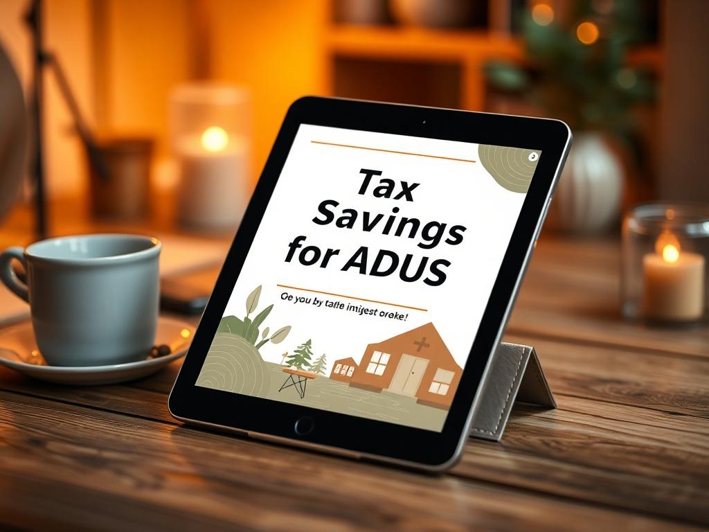 A high-resolution photo of an open eBook on a tablet device, displaying a cover titled 'Tax Savings for ADUs'. The background should have a soft-focus of a serene workspace with warm lighting, evoking a cozy, inviting atmosphere.