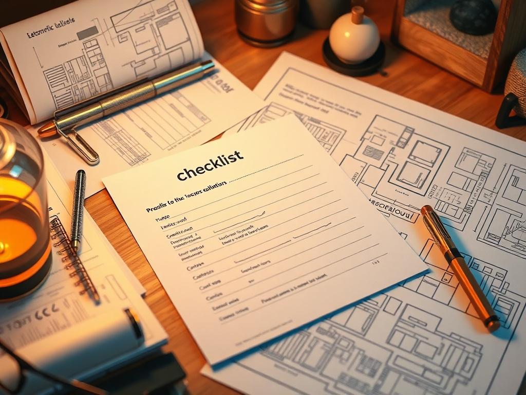 A high-resolution photo of a neatly organized checklist on a desk surrounded by design materials and a blueprint. The scene should be softly lit, with cozy colors, creating an inspiring workspace ambiance.