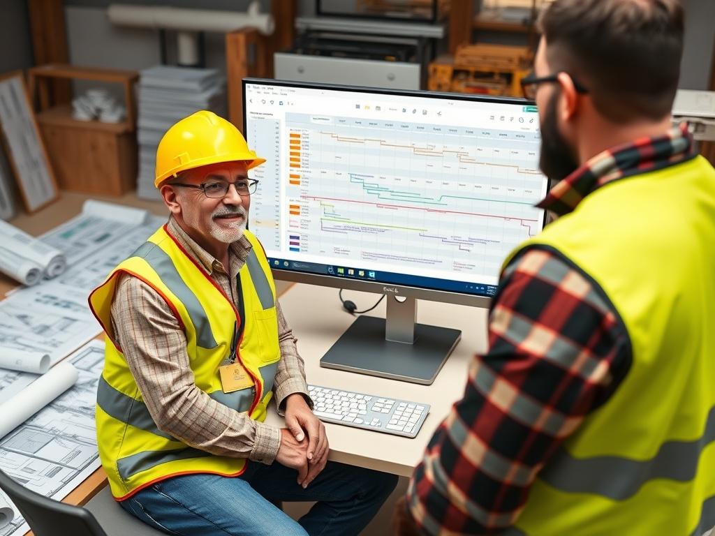 A construction project manager in a bright yellow vest, seated in front of a computer. He is engaged in a discussion with his foreman, who is standing beside him. The computer screen displays a detailed construction schedule, filled with timelines and tasks. The background is an organized workspace with construction plans and blueprints scattered around. The scene conveys collaboration and planning in a construction setting.