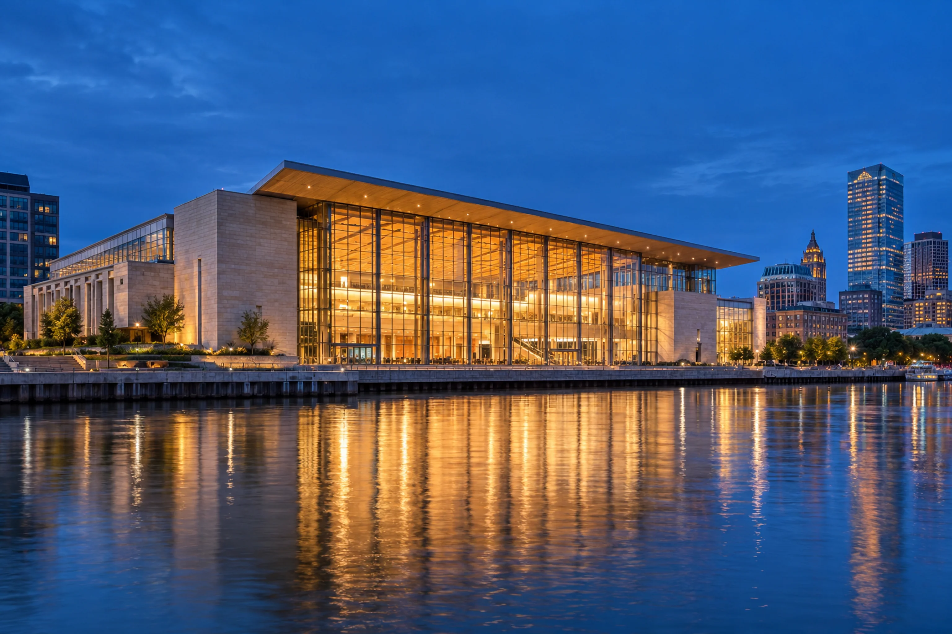 Riverline Civic Center, limestone and glass civic arts building beside the river at evening