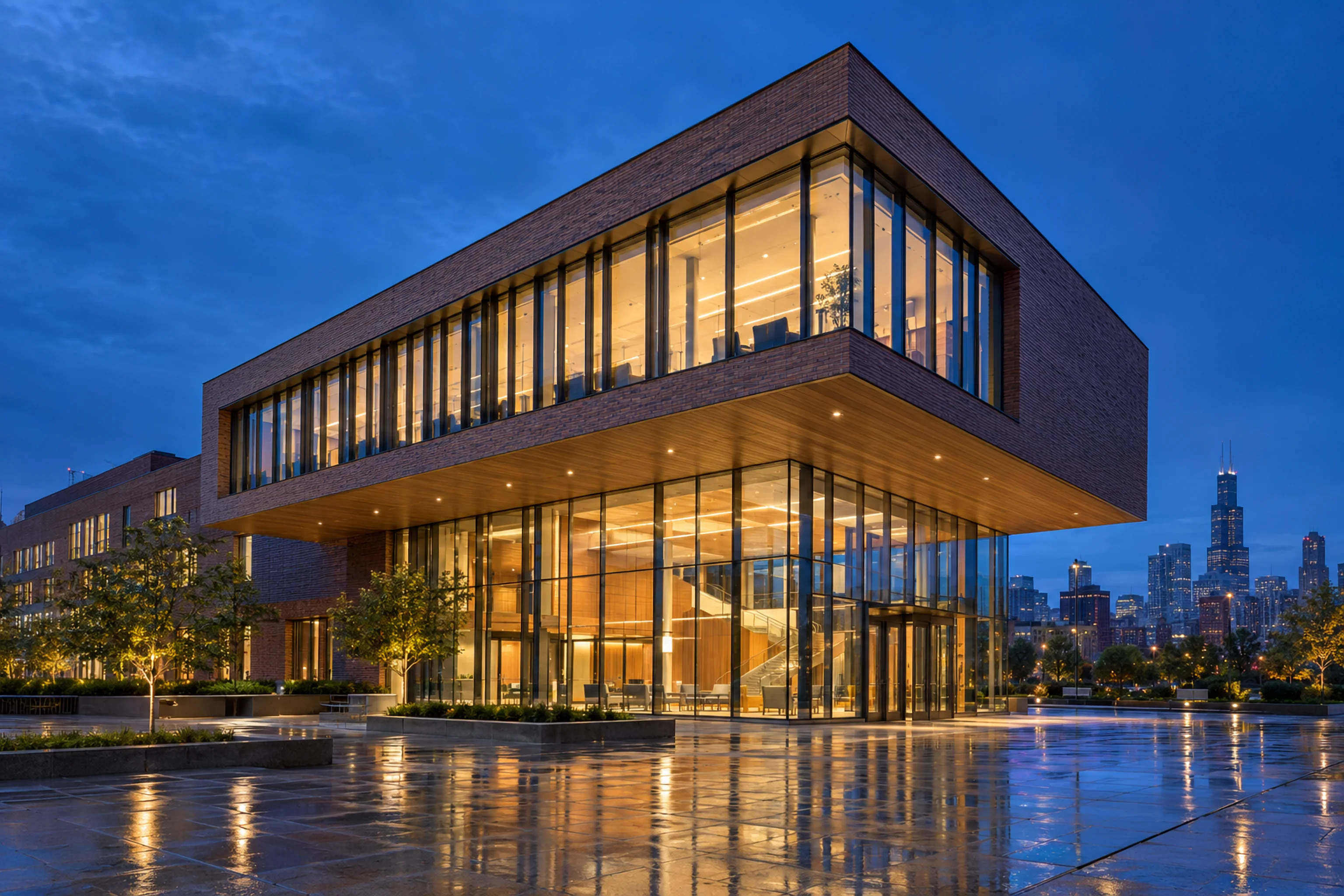 Harland Medical Pavilion, contemporary brick-and-glass medical center in late afternoon light