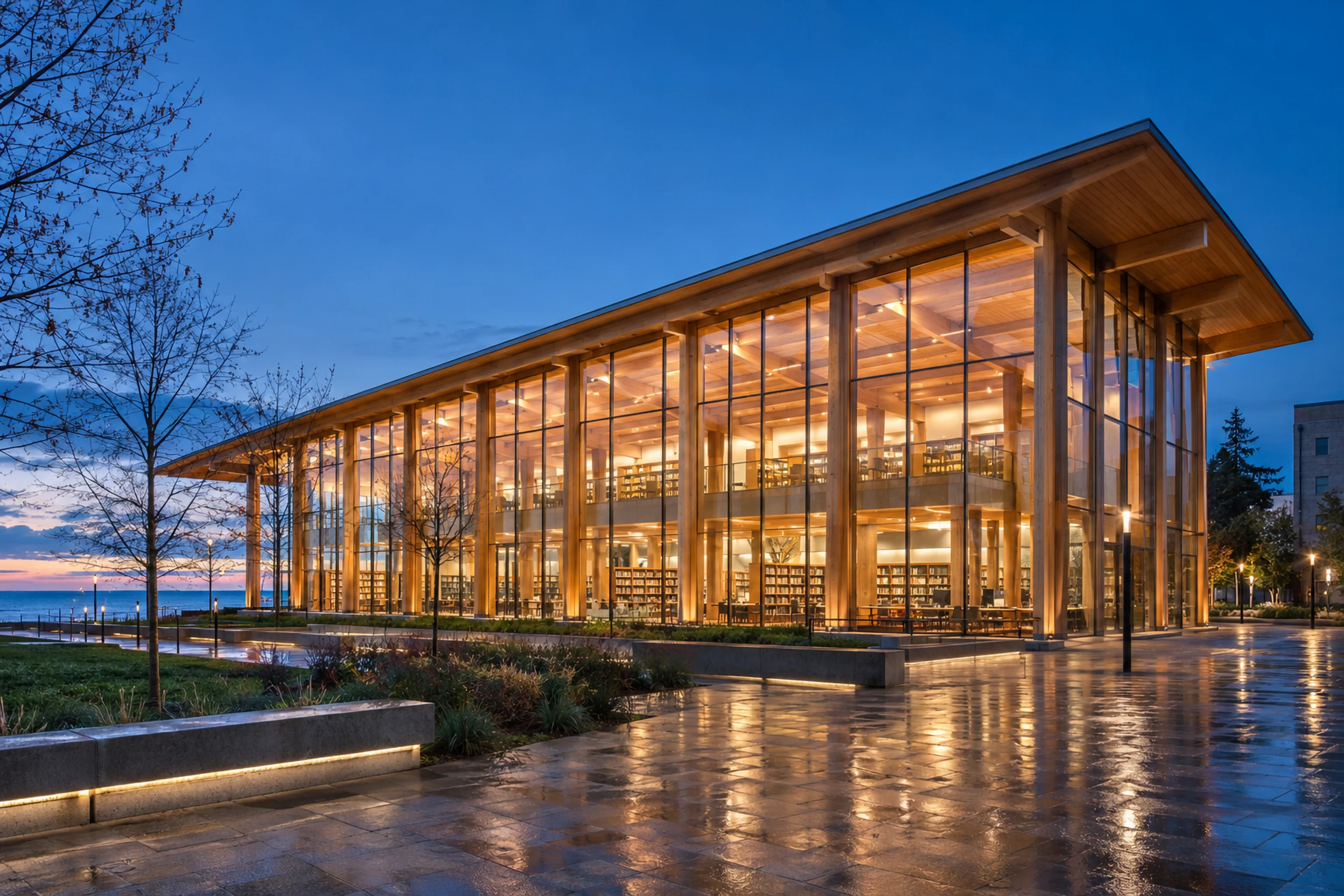 Lakeshore University Learning Commons at blue hour, mass-timber library with glowing glass curtain wall