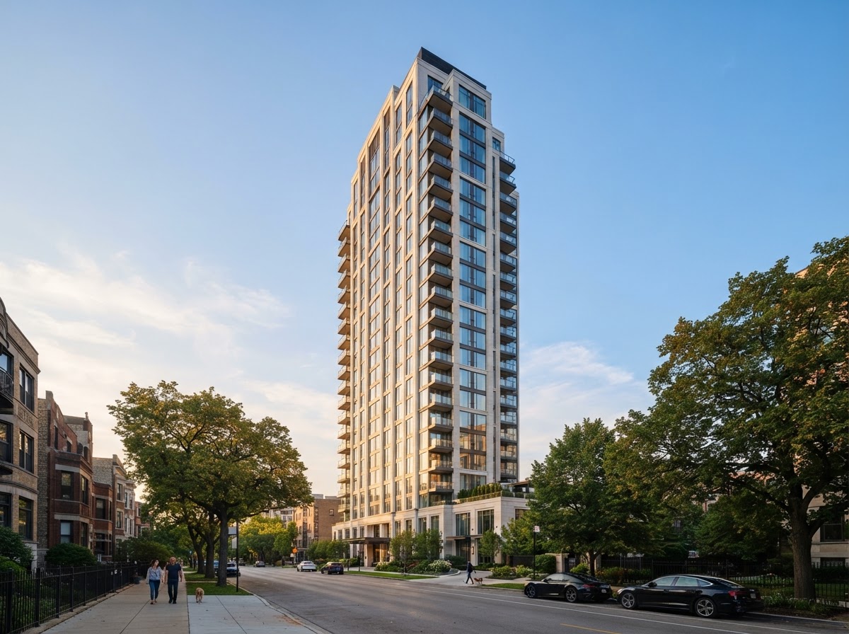 A refined residential tower rising above a Chicago street in late afternoon light